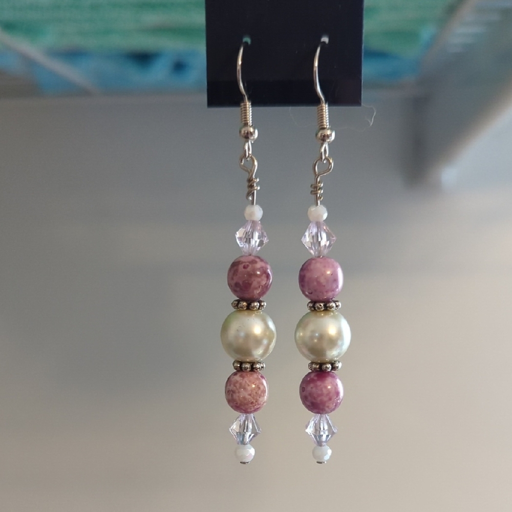 Elegant Pink and Cream Dangle Earrings with Crystal Accents